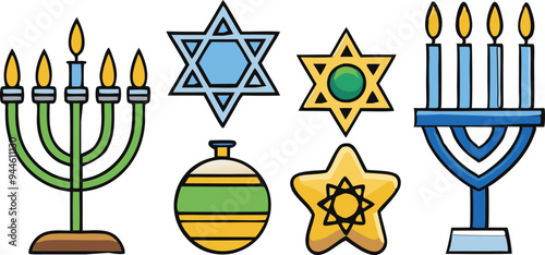 Hanukkah Logo Icon Set  6 Minimalist Silhouettes of Menorah, Dreidel, and Star of David for Holiday Decorations and Educational Materials 