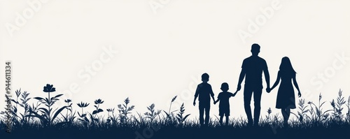 Silhouette of a family walking together in a grassy field, symbolizing love, unity, and togetherness in nature. photo