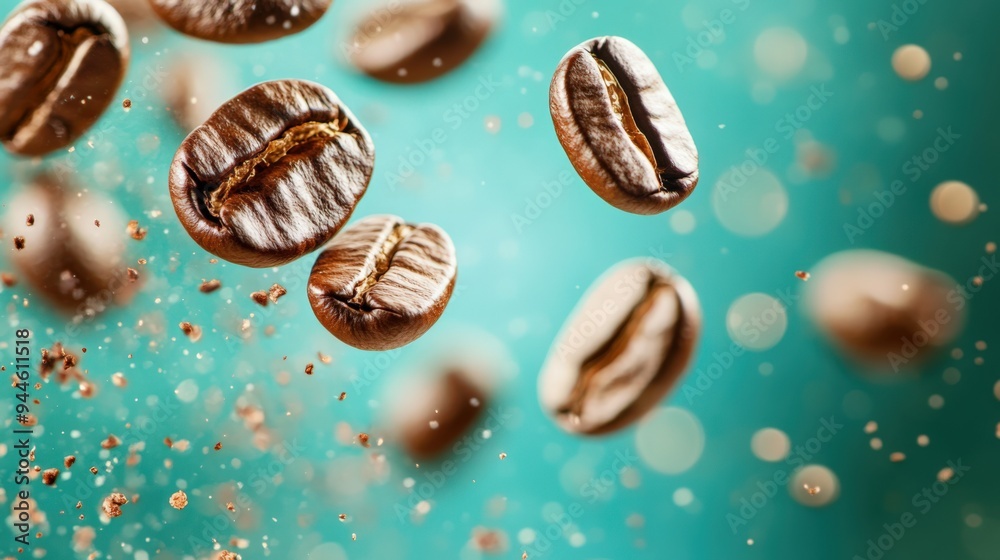 Floating coffee beans against blue Floating coffee beans against blue