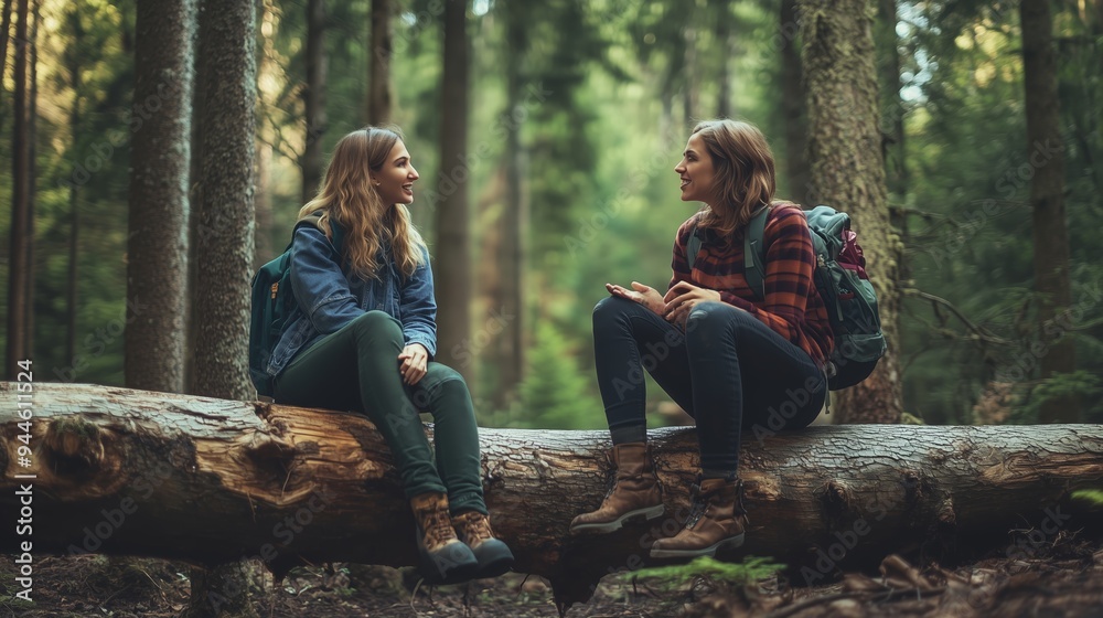 Friends enjoying a conversation on a fallen log while hiking through a dense forest in the late afternoon light Friends enjoying a conversation on a fallen log while hiking through a dense forest in the late afternoon light