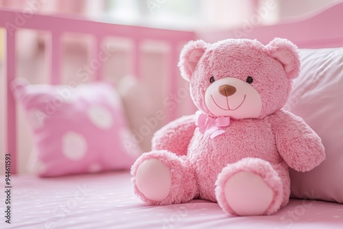 A soft teddy bear in a cozy nursery with a warm atmosphere. A teddy bear in a pink crib in a playful and charming space. photo