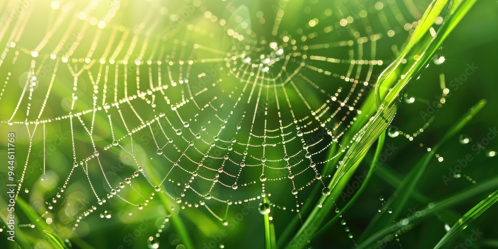 Close up shot of spider web with dew drops on blades of grass Close up shot of spider web with dew drops on blades of grass