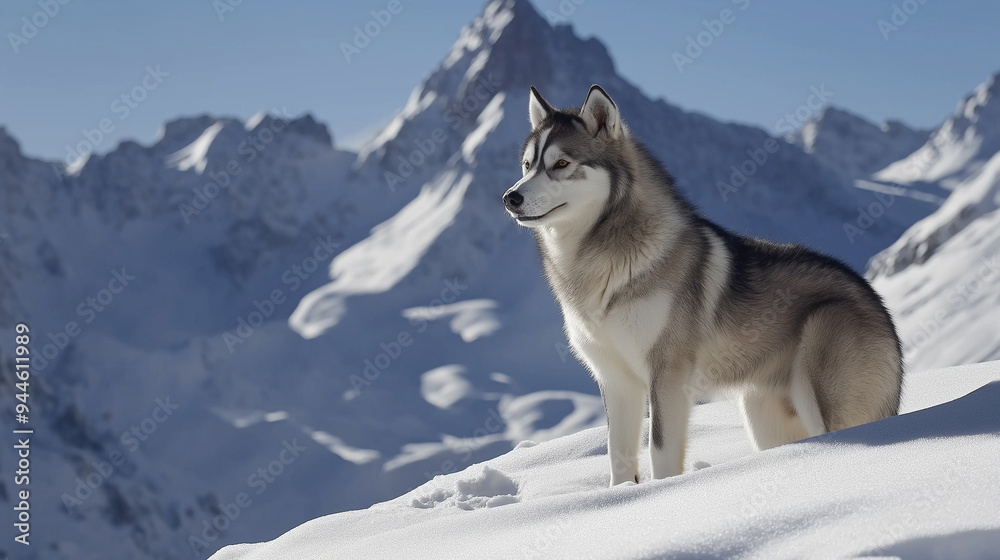 Majestic husky dog standing on mountain top in winter Majestic husky dog standing on mountain top in winter