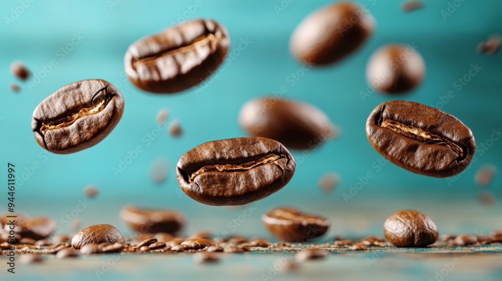 Blue backdrop with suspended coffee beans Blue backdrop with suspended coffee beans
