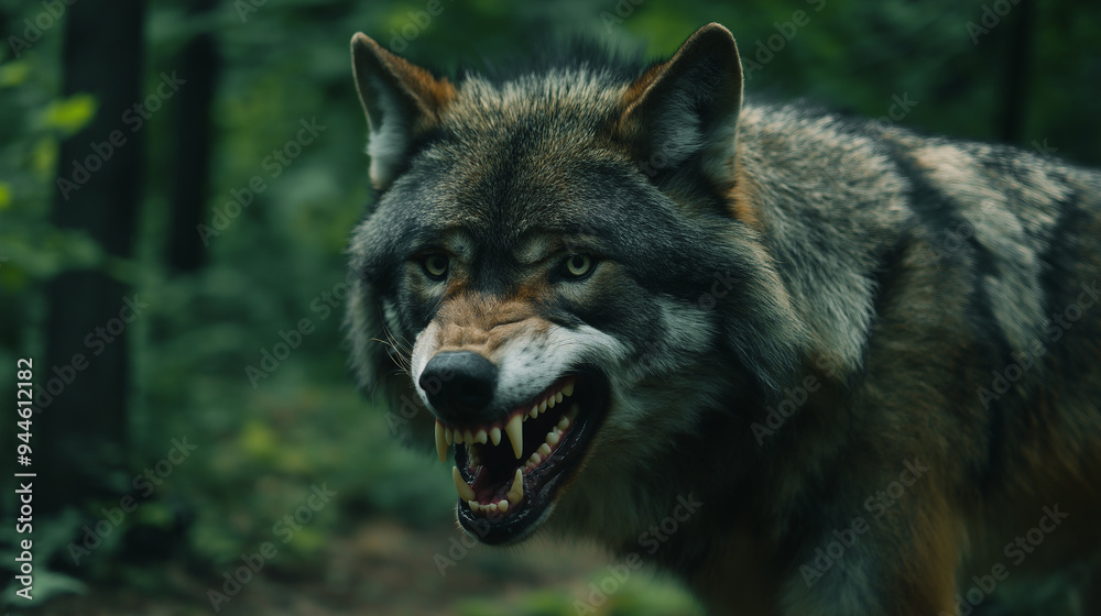 Obraz premium Eurasian wolf showing teeth and snarling in forest
