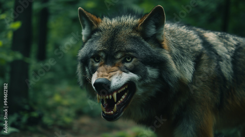 Eurasian wolf showing teeth and snarling in forest