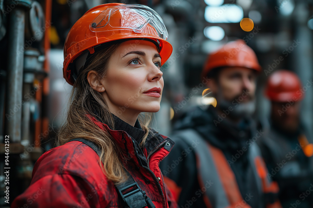 Team of industrial workers is working in a large factory