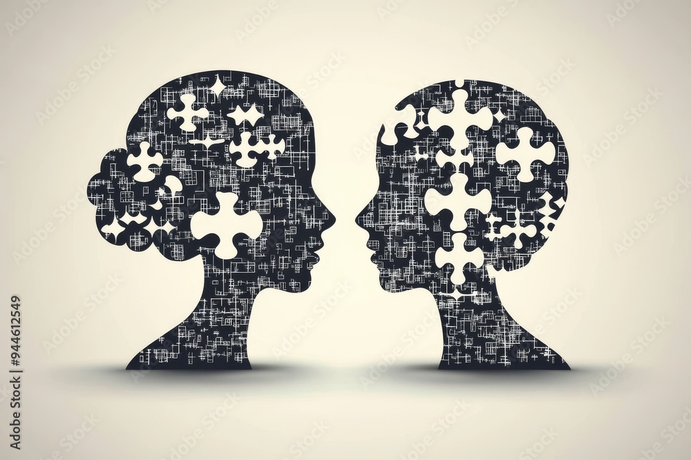 Abstract illustration of two human profiles with puzzle piece brains symbolizing the interconnectedness and complexity of thought identity and human interaction Abstract illustration of two human profiles with puzzle piece brains symbolizing the interconnectedness and complexity of thought identity and human interaction