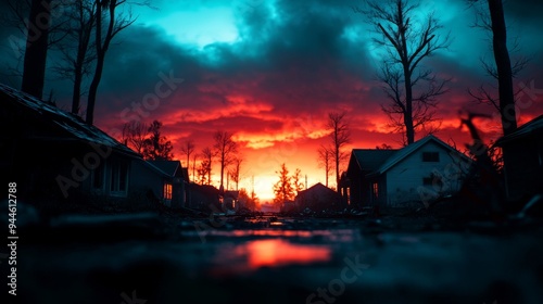 Apocalyptic landscape with destroyed homes, collapsed roofs, and fallen trees, eerie twilight glow, digital painting, moody and desaturated tones, wide-angle view.