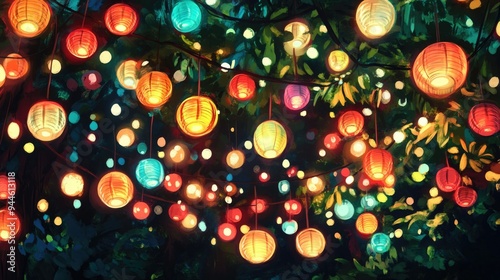 Close-up of a sukkah decorated with bright, colorful decorations, lights, decorative lanterns. Concept of celebrating Sukkot.