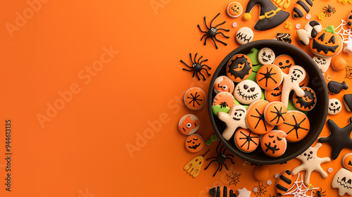 Cauldron-shaped bowl contain Halloween cartoon cookies of pumpkins, skeletons, spiders., AI generate.