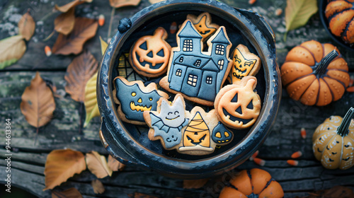 Cauldron-shaped bowl contain Halloween cartoon cookies of pumpkins, skeletons, spiders., AI generate.