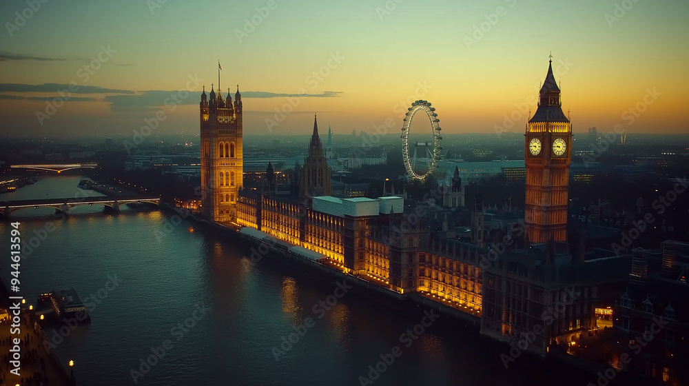 London eye and big ben lighting up at twilight above river thames London eye and big ben lighting up at twilight above river thames
