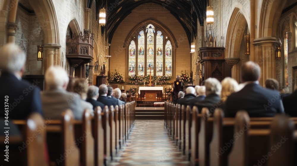 Fototapeta premium Beautifully Decorated Church Interior with Congregation Attending Easter Sunday Service