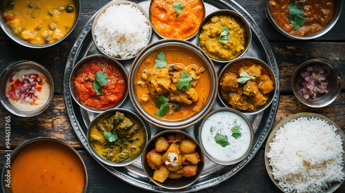 Bild auf Leinwand Traditional indian thali food serving on rustic wooden table background