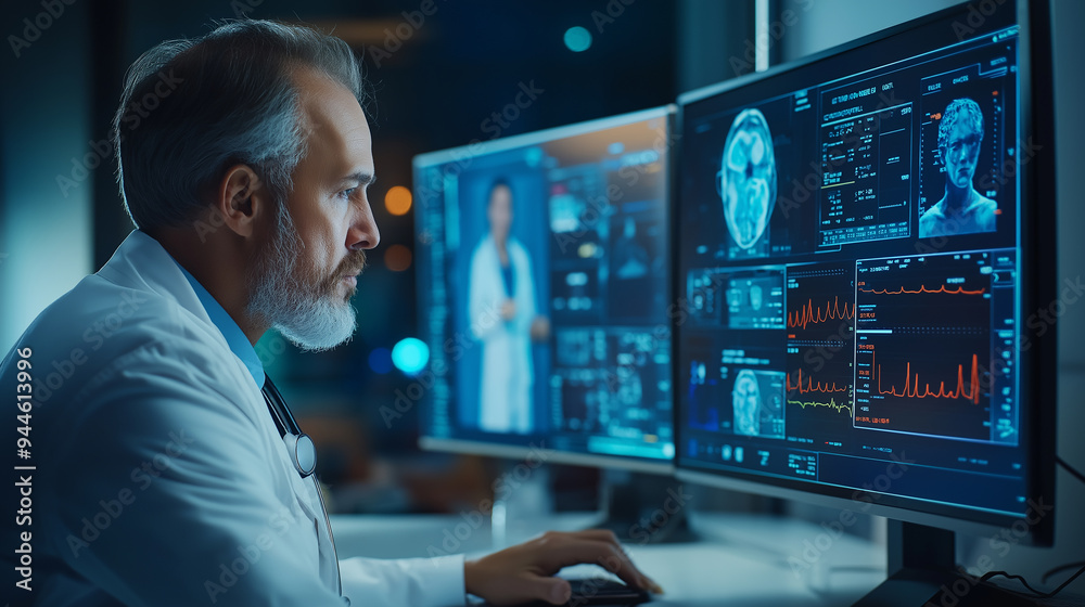 Medical doctor is working late at night using a computer to analyze patient scans Medical doctor is working late at night using a computer to analyze patient scans