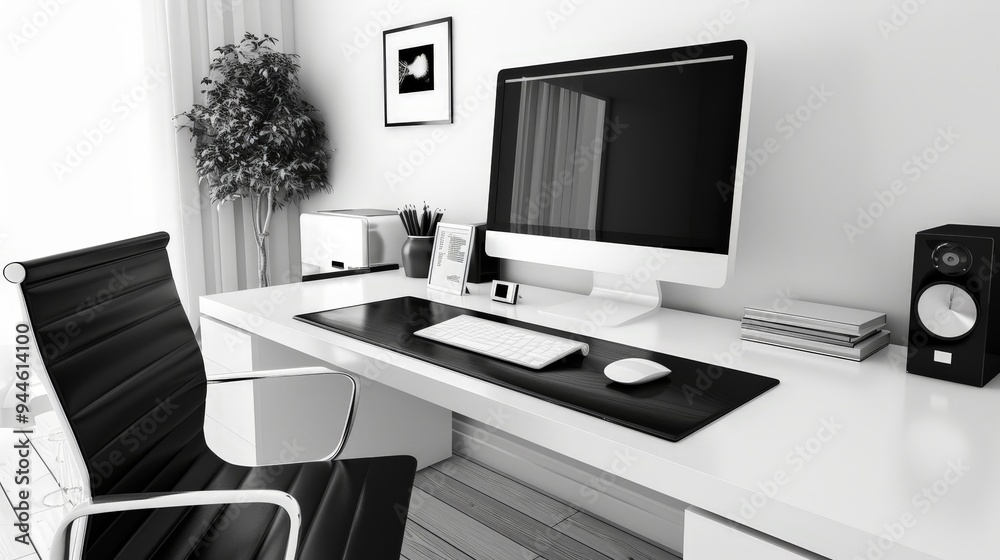 Modern Home Office Desk with Computer and Accessories. Modern Home Office Desk with Computer and Accessories.