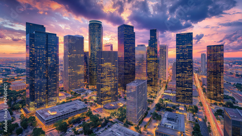 Fototapeta Naklejka Na Ścianę i Meble -  Houston downtown skyline illuminating during beautiful sunset in texas usa