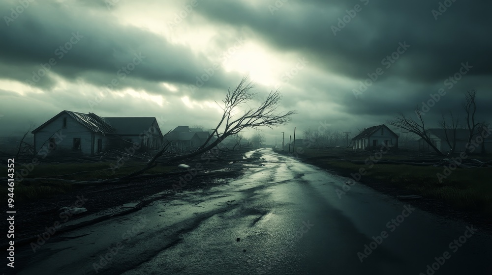 Devastated townscape with fallen trees, crumbled houses, debris scattered across streets, dark skies, post-apocalyptic, watercolor, muted colors, soft yet haunting.