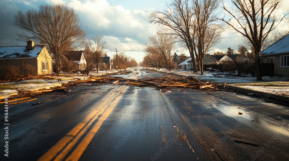 Fallen trees lining a suburban street, houses with broken windows and torn roofs, debris swirling in the air, impressionist watercolor, somber tones, capturing the devastation. Fallen trees lining a suburban street, houses with broken windows and torn roofs, debris swirling in the air, impressionist watercolor, somber tones, capturing the devastation.