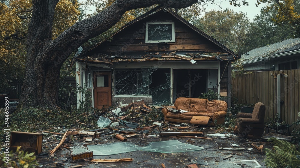 House partially collapsed under a giant tree, glass shattered everywhere, remnants of a stormy night, eerie calm aftermath, chaotic surroundings House partially collapsed under a giant tree, glass shattered everywhere, remnants of a stormy night, eerie calm aftermath, chaotic surroundings