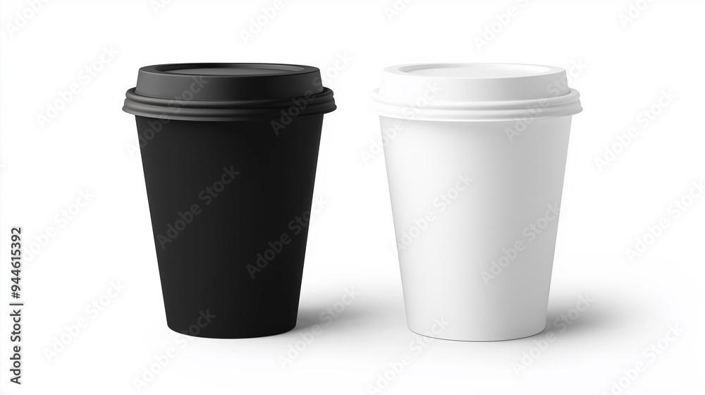 Black and white paper coffee cups standing on white background Black and white paper coffee cups standing on white background