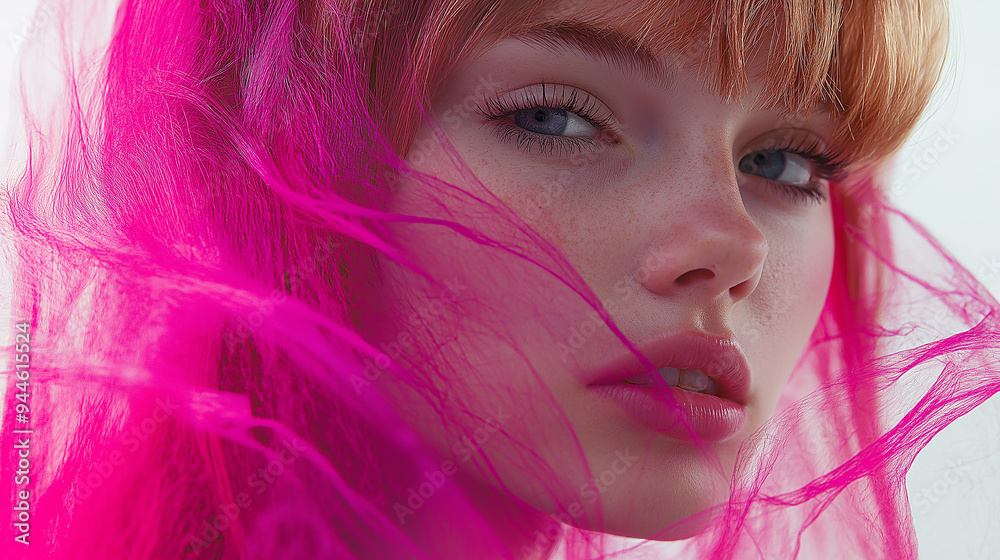 Beautiful redhead model posing with pink tulle fabric on background Beautiful redhead model posing with pink tulle fabric on background