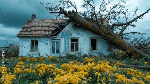 Old house partially crushed by a fallen tree, broken windows reflecting the stormy sky, roof partially collapsed, nature overtaking human structures