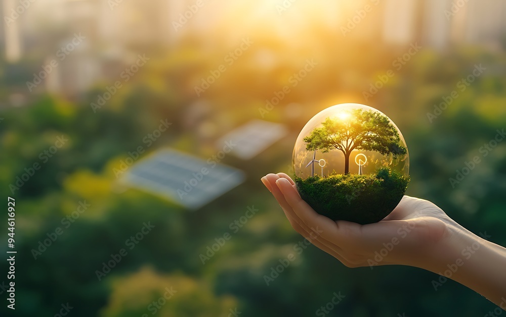 Hand Holding Globe with Renewable Energy Icons Symbolizing Personal Responsibility for Carbon Neutrality