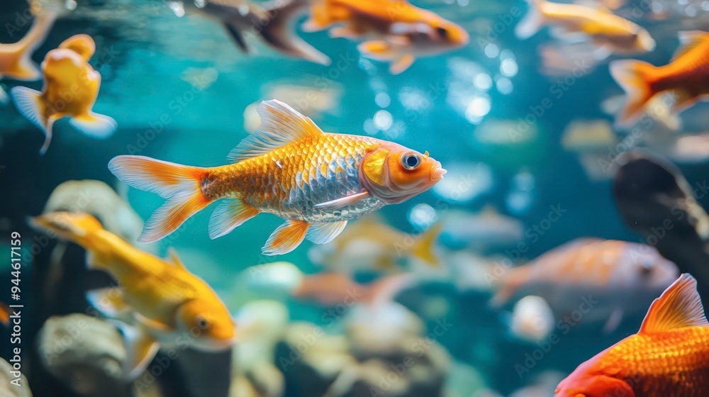 Colorful goldfish swimming in a clear aquarium among rocks and plants Colorful goldfish swimming in a clear aquarium among rocks and plants