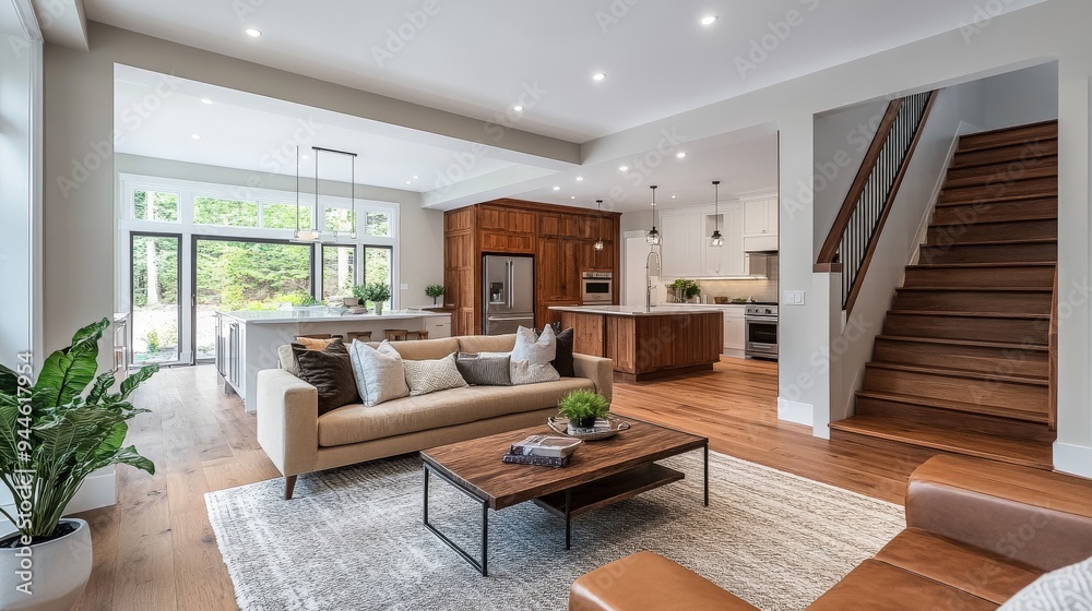 Fototapeta premium Farmhouse home interior design of modern living room with wooden staircase