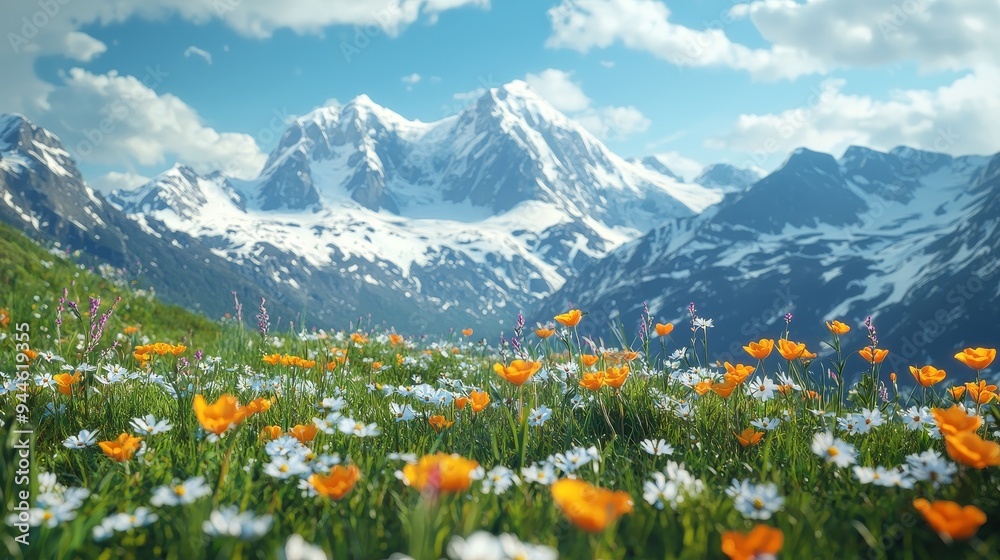 Majestic, rocky mountains, snow-capped peaks, alpine meadows, high quality, photorealistic, serene, untouched wilderness, panoramic, breathtaking::1.2 hiking trail, mountaintop vistas, wildflowers,