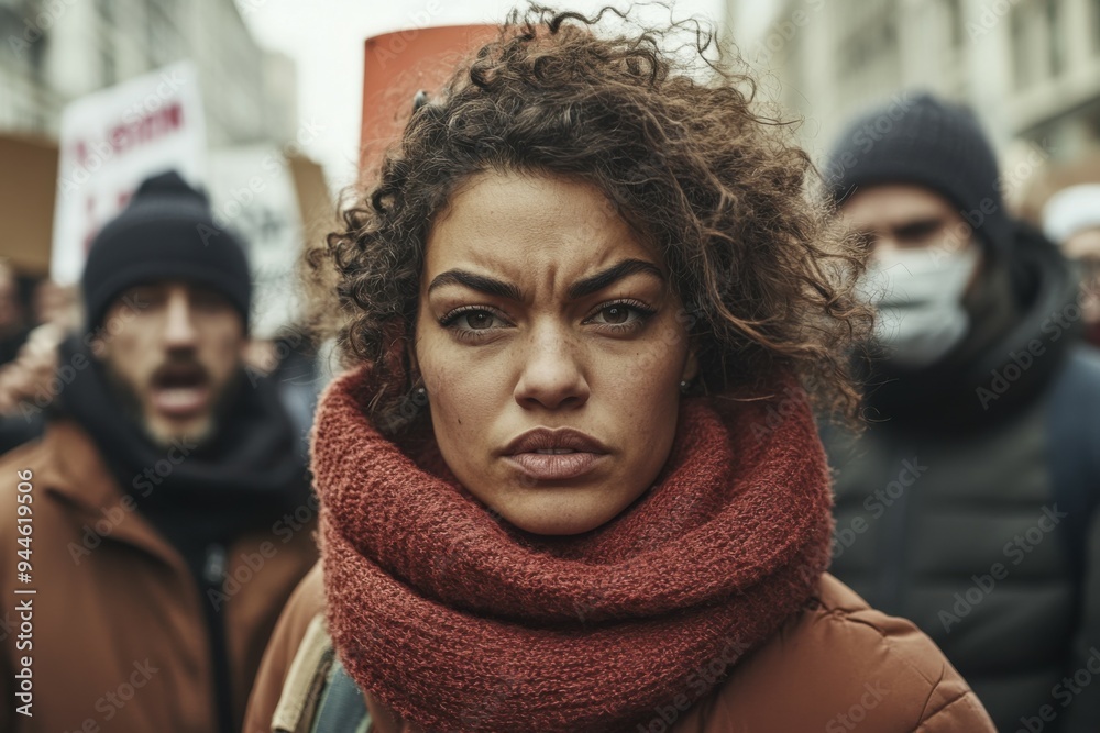 Brave woman standing her ground during a heated argument with a group of men in an urban setting under diffused afternoon light. Brave woman standing her ground during a heated argument with a group of men in an urban setting under diffused afternoon light.