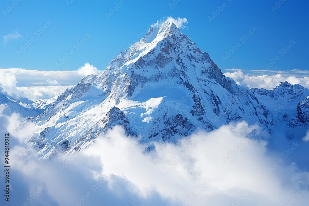 Majestic, snow-covered peak piercing through the clouds, alpine beauty, high quality, photorealistic, panoramic, breathtaking::1.2 mountaineering, hiking trail, fresh mountain air, untouched