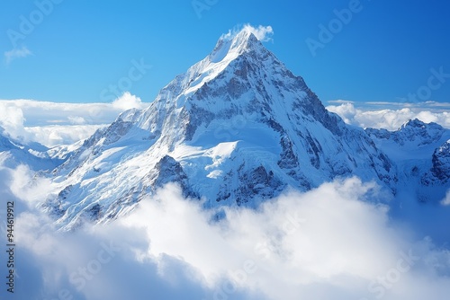 Majestic, snow-covered peak piercing through the clouds, alpine beauty, high quality, photorealistic, panoramic, breathtaking::1.2 mountaineering, hiking trail, fresh mountain air, untouched