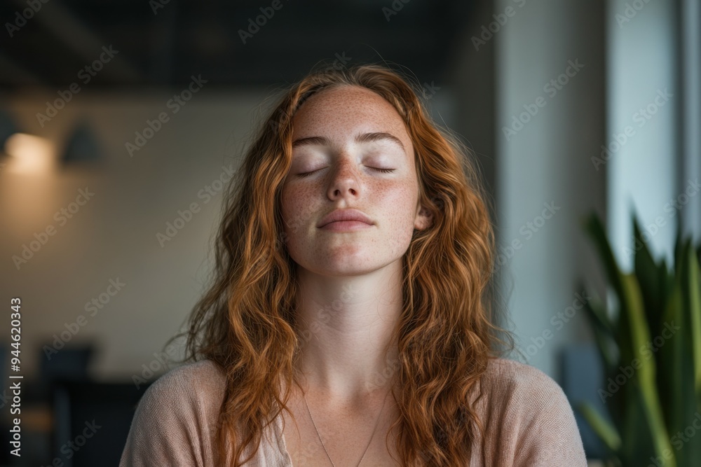 A young woman practices deep breathing exercises in a bright office during midday, focusing on stress management and relaxation techniques. A young woman practices deep breathing exercises in a bright office during midday, focusing on stress management and relaxation techniques.
