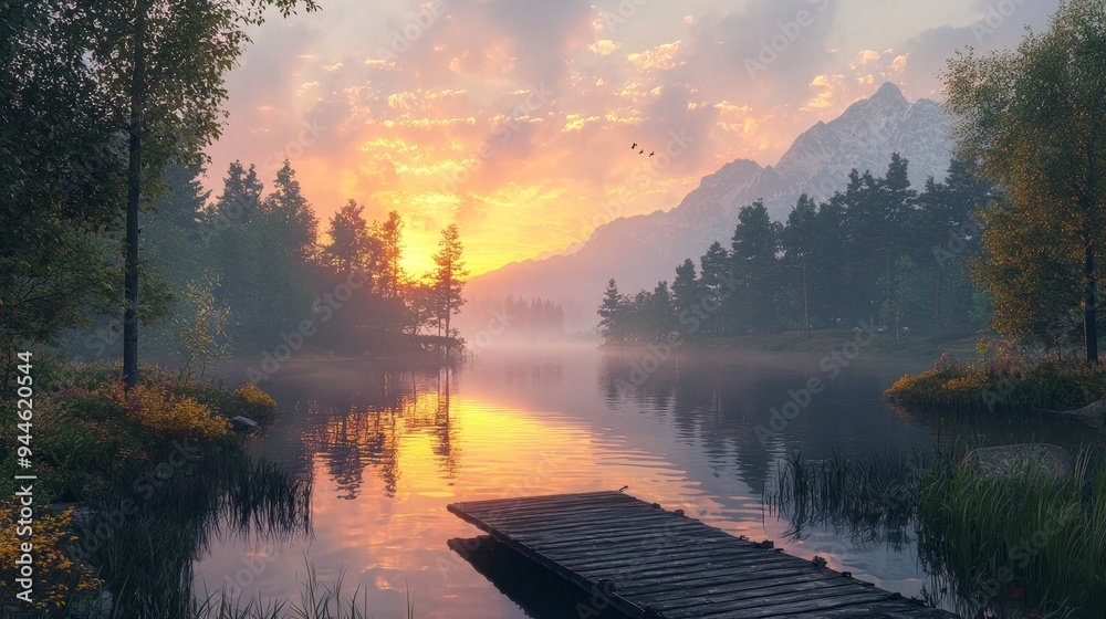 Peaceful, serene lake, mirror-like surface, misty morning, high quality, photorealistic, majestic mountains, pine trees, colorful autumn foliage, reflection, tranquil, secluded, remote, idyllic::0.7 Peaceful, serene lake, mirror-like surface, misty morning, high quality, photorealistic, majestic mountains, pine trees, colorful autumn foliage, reflection, tranquil, secluded, remote, idyllic::0.7
