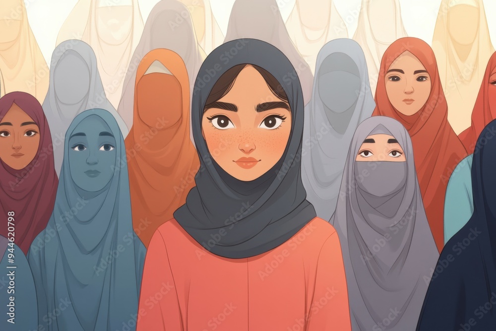 A young girl in hijab stands confidently in front of a large crowd of women, embodying strength and individuality in a neutral-toned setting during daylight hours. A young girl in hijab stands confidently in front of a large crowd of women, embodying strength and individuality in a neutral-toned setting during daylight hours.
