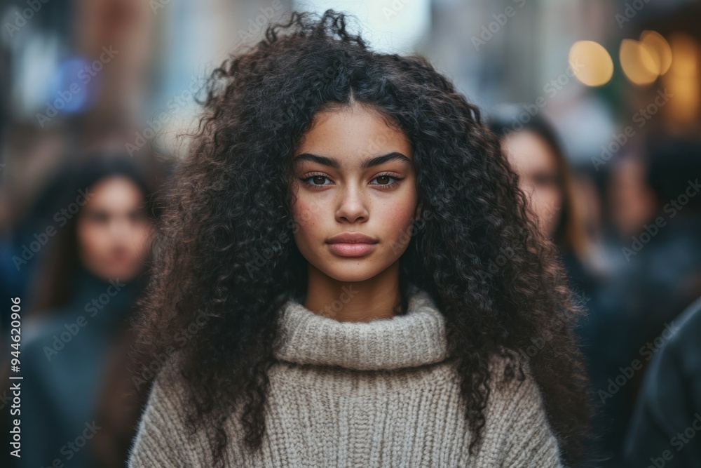 A young girl stands confidently in front of a large crowd of women, embodying strength and individuality in a neutral-toned setting during daylight hours. A young girl stands confidently in front of a large crowd of women, embodying strength and individuality in a neutral-toned setting during daylight hours.