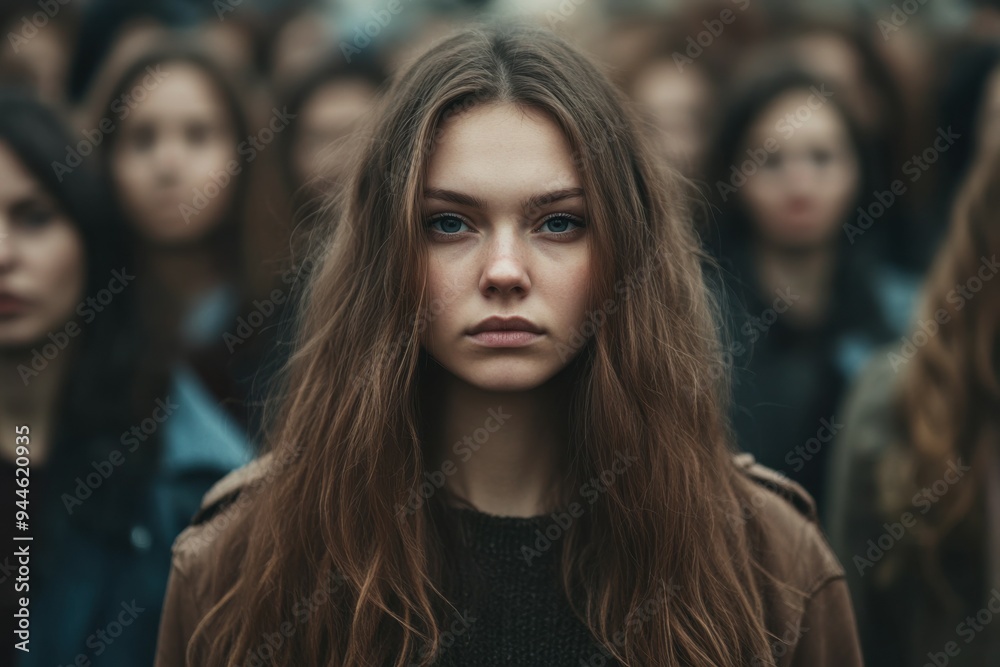A young girl stands confidently in front of a large crowd of women, embodying strength and individuality in a neutral-toned setting during daylight hours. A young girl stands confidently in front of a large crowd of women, embodying strength and individuality in a neutral-toned setting during daylight hours.