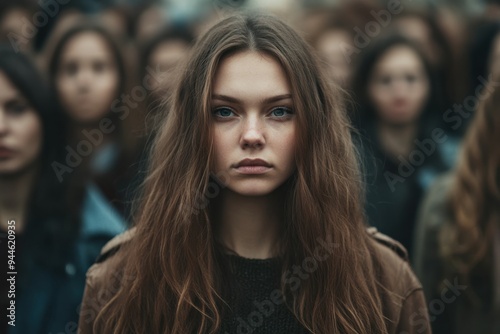 A young girl stands confidently in front of a large crowd of women, embodying strength and individuality in a neutral-toned setting during daylight hours.