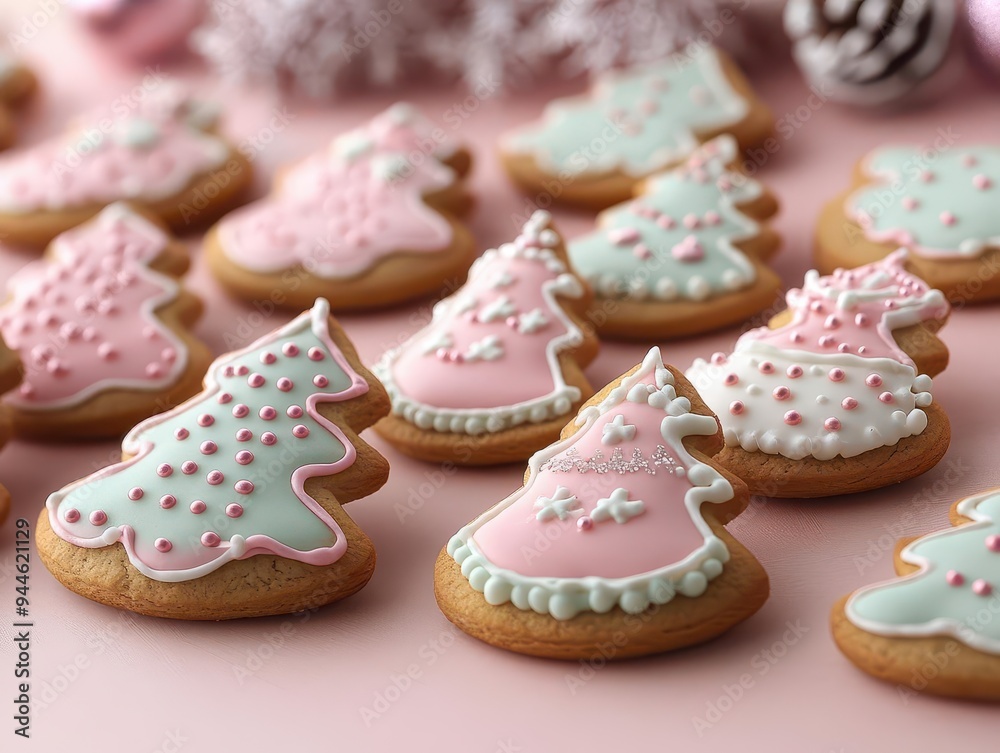 whimsical gingerbread cookies arranged artfully on pastel pink background intricate icing details pop against the soft backdrop creating a charming and inviting holiday scene whimsical gingerbread cookies arranged artfully on pastel pink background intricate icing details pop against the soft backdrop creating a charming and inviting holiday scene