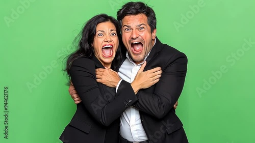 Humorous business couple hugging and panicking against a green chroma background
