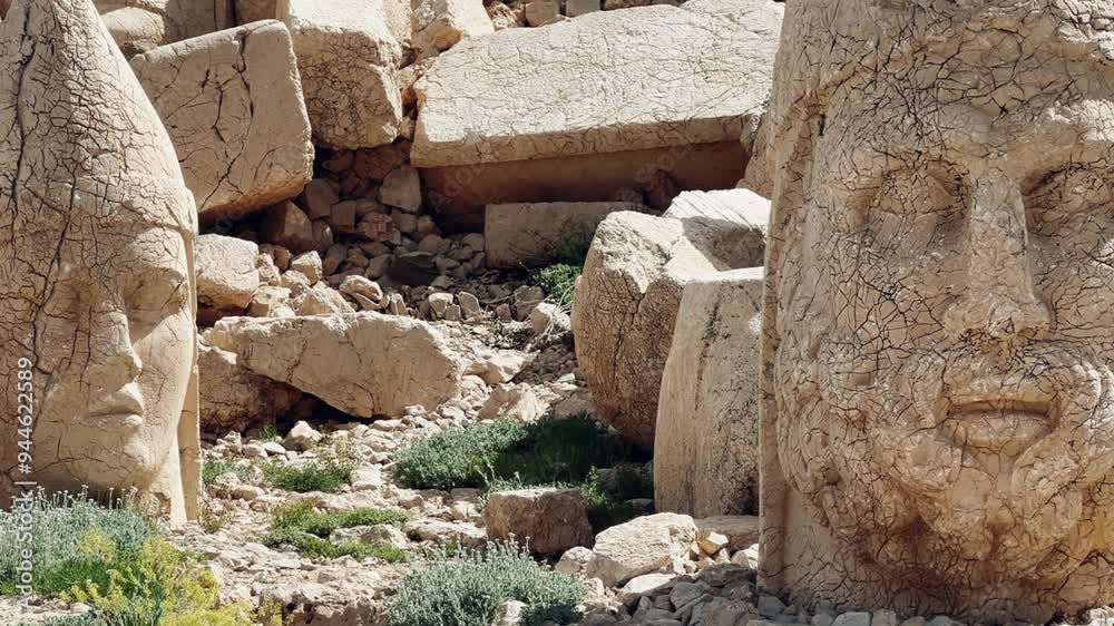 The great archaeological ruins at the top of Mount Nemrut. Destroyed antique statues. Ancient stone heads on the top of Mount Nemrut with a height of 2,150 meters. The royal tomb of the 1st century BC The great archaeological ruins at the top of Mount Nemrut. Destroyed antique statues. Ancient stone heads on the top of Mount Nemrut with a height of 2,150 meters. The royal tomb of the 1st century BC