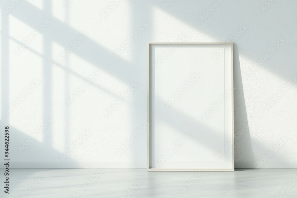 Mockup portrait poster frame hanging on a white wall in a well-lit room with a potted plant and simple bench chair underneath, creating a serene atmosphere. Mockup portrait poster frame hanging on a white wall in a well-lit room with a potted plant and simple bench chair underneath, creating a serene atmosphere.