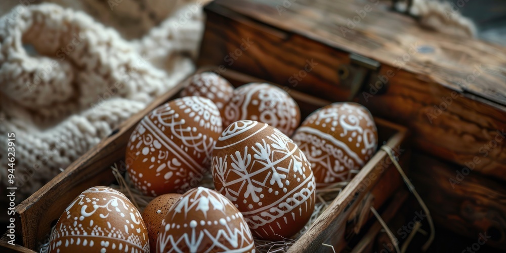 Hand-painted Easter eggs in a wooden box, featuring brown eggs decorated with white designs. Hand-painted Easter eggs in a wooden box, featuring brown eggs decorated with white designs.