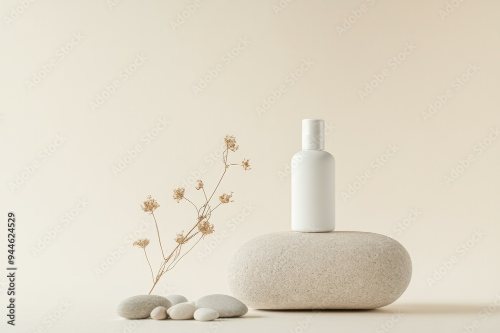 Skincare mockup product displayed with stones and dry flowers on a minimal light beige background in soft lighting. Skincare mockup product displayed with stones and dry flowers on a minimal light beige background in soft lighting.