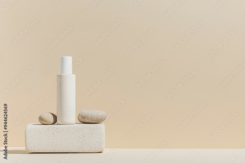 Skincare mockup product displayed with stones and dry flowers on a minimal light beige background in soft lighting.