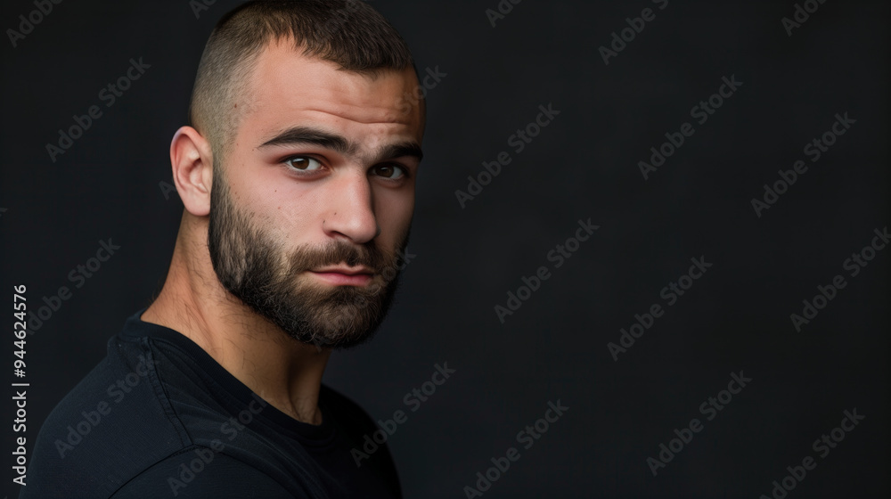 Portrait of a muscular young man with a crew cut, wearing a black shirt, gazing intensely against a dark background Portrait of a muscular young man with a crew cut, wearing a black shirt, gazing intensely against a dark background