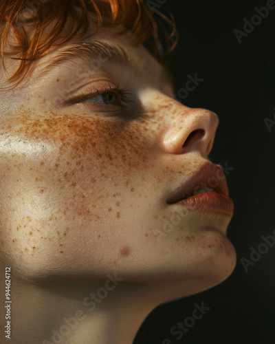 Side profile of a red-haired woman with freckles, illuminated by dramatic lighting